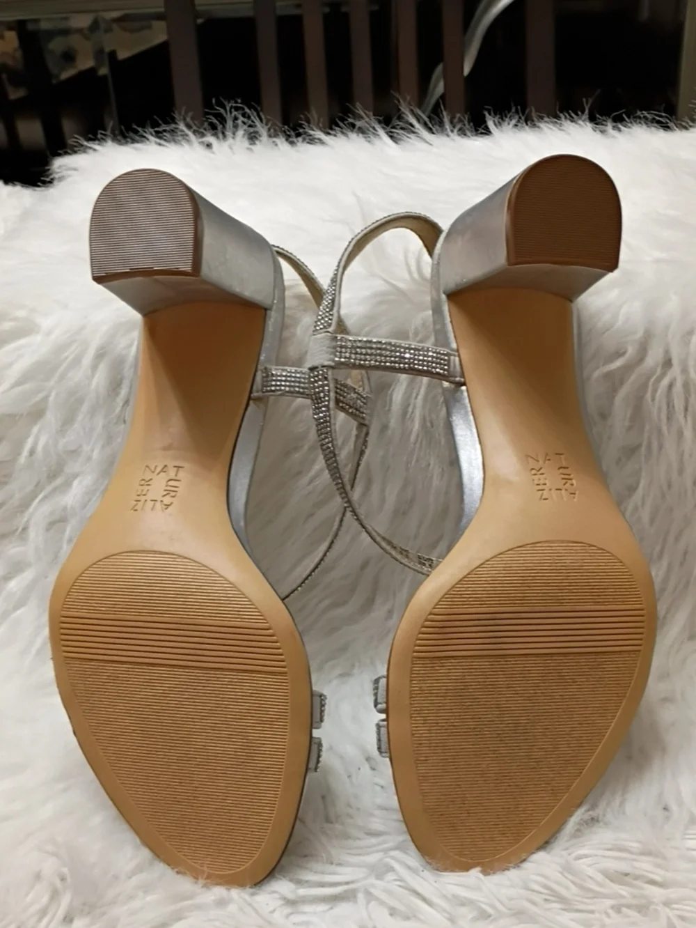 Naturalizer Metallic Strappy Low Block Heel Rhinestone Sandals - Silver Gold